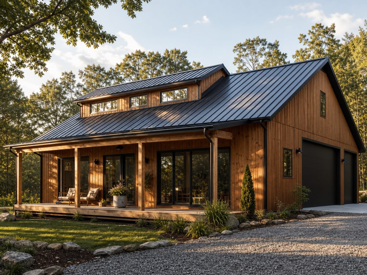 Timber barn-style home with warm wood siding and large windows