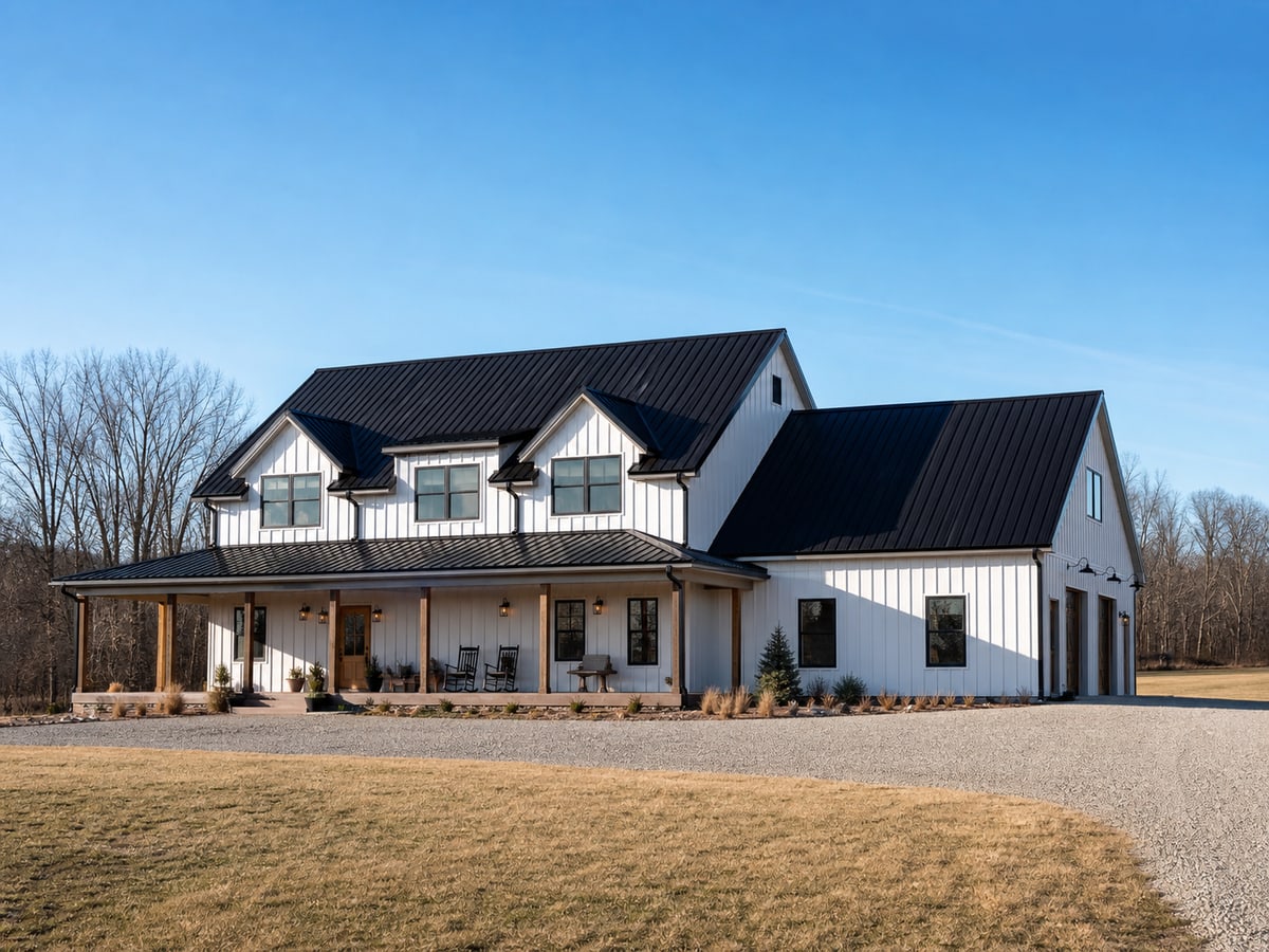 White farmhouse-style barndominium with a black metal roof
